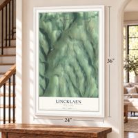 Lincklaen, New York map, 24 x 36 inch print in a white frame by a staircase