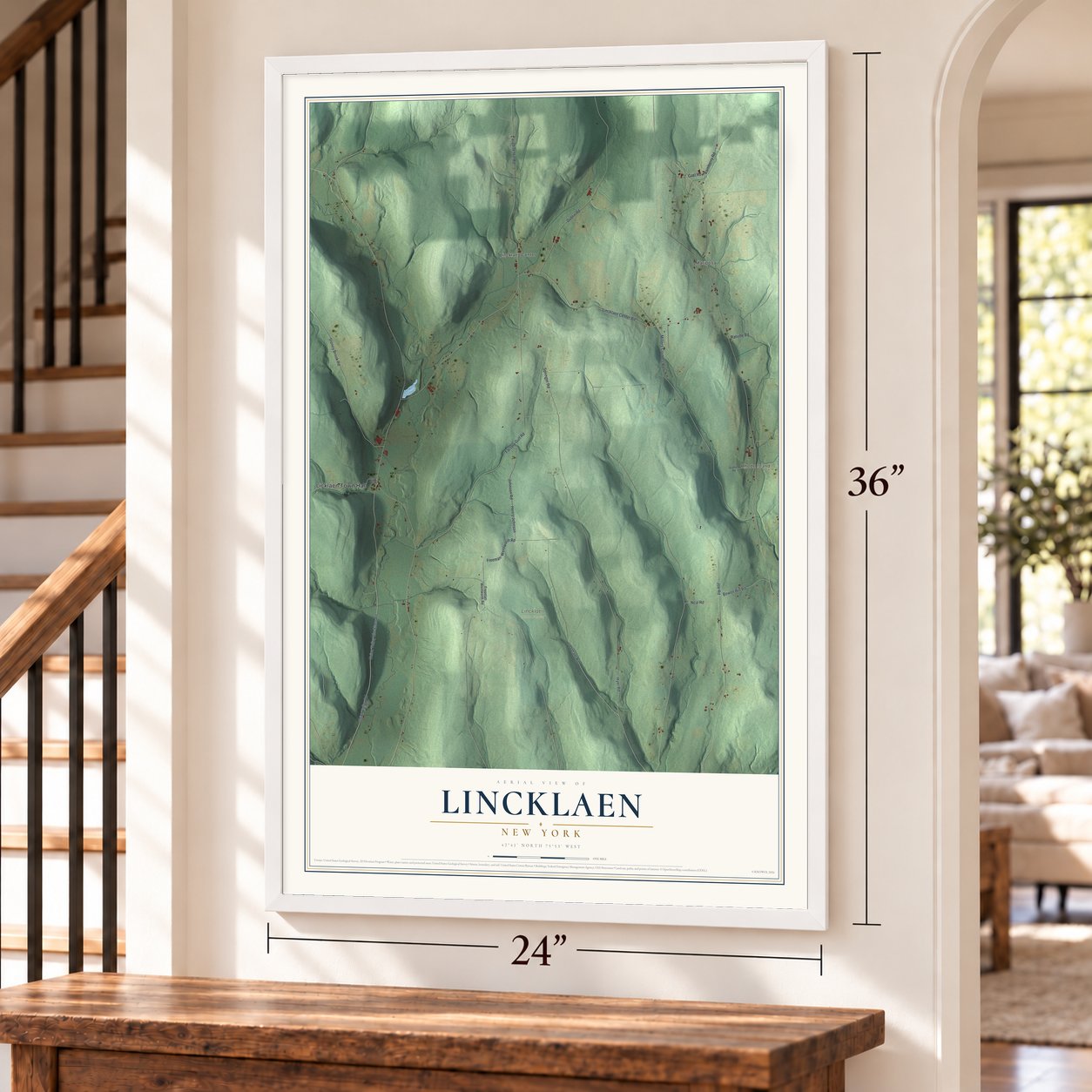 Lincklaen, New York map, 24 x 36 inch print in a white frame by a staircase