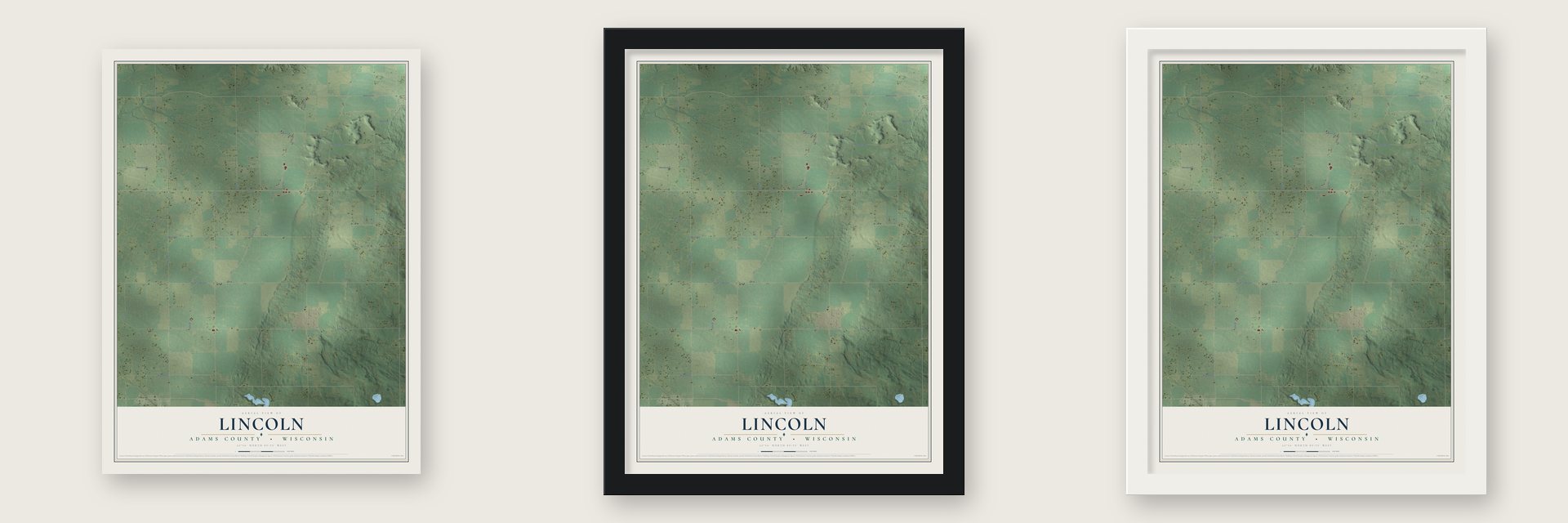 Lincoln, Adams County, Wisconsin map unframed, in a black wood frame and in a white wood frame