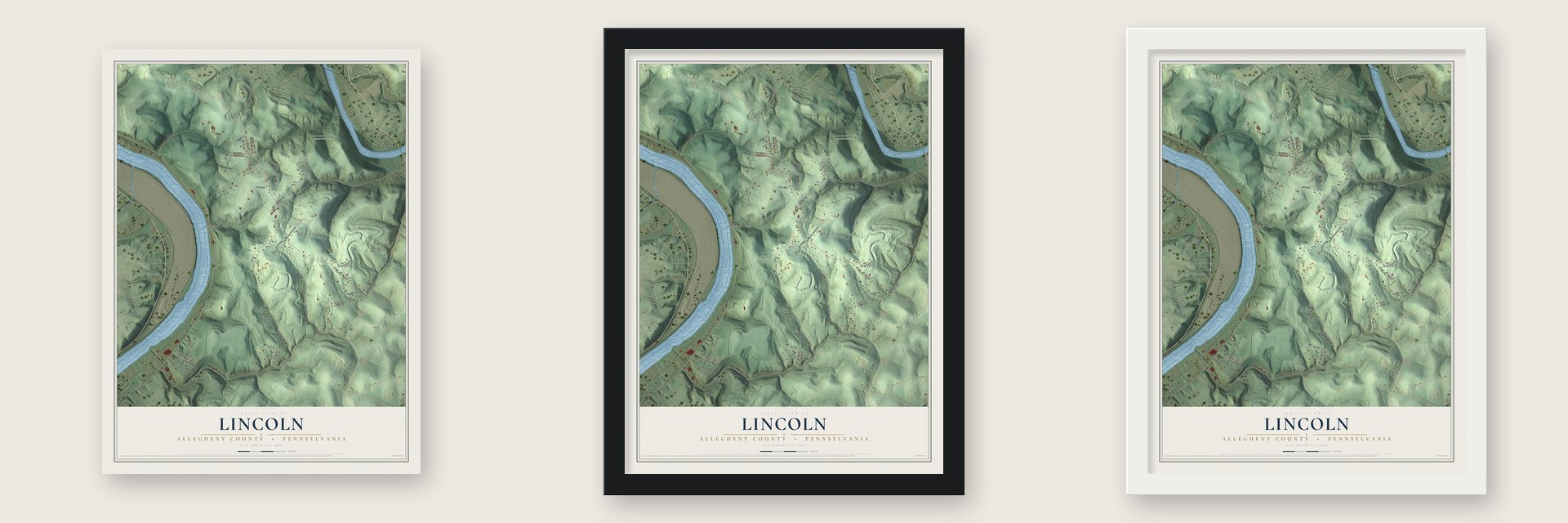 Lincoln, Allegheny County, Pennsylvania map unframed, in a black wood frame and in a white wood frame