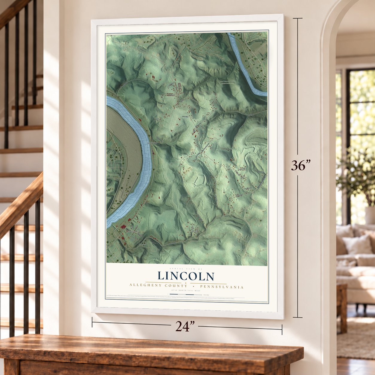 Lincoln, Allegheny County, Pennsylvania map, 24 x 36 inch print in a white frame by a staircase