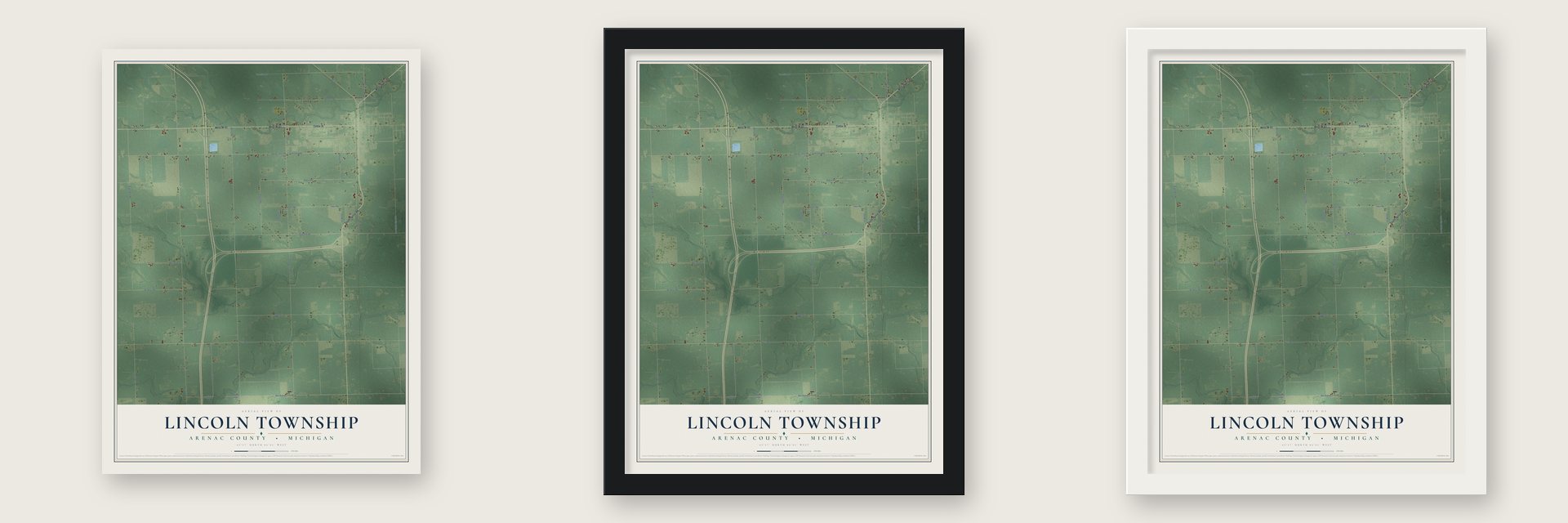 Lincoln Township, Arenac County, Michigan map unframed, in a black wood frame and in a white wood frame