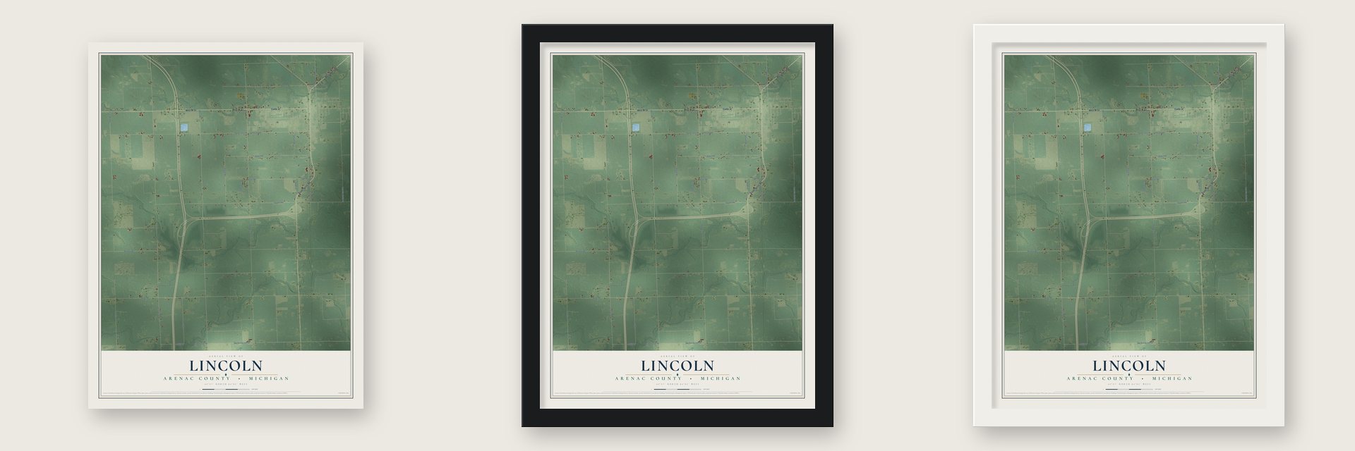 Lincoln, Arenac County, Michigan map unframed, in a black wood frame and in a white wood frame