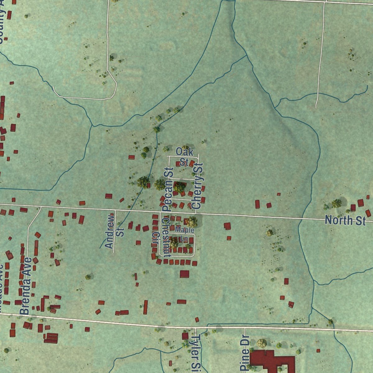 Second close-up of the map of Lincoln, Arkansas print showing more streets and buildings