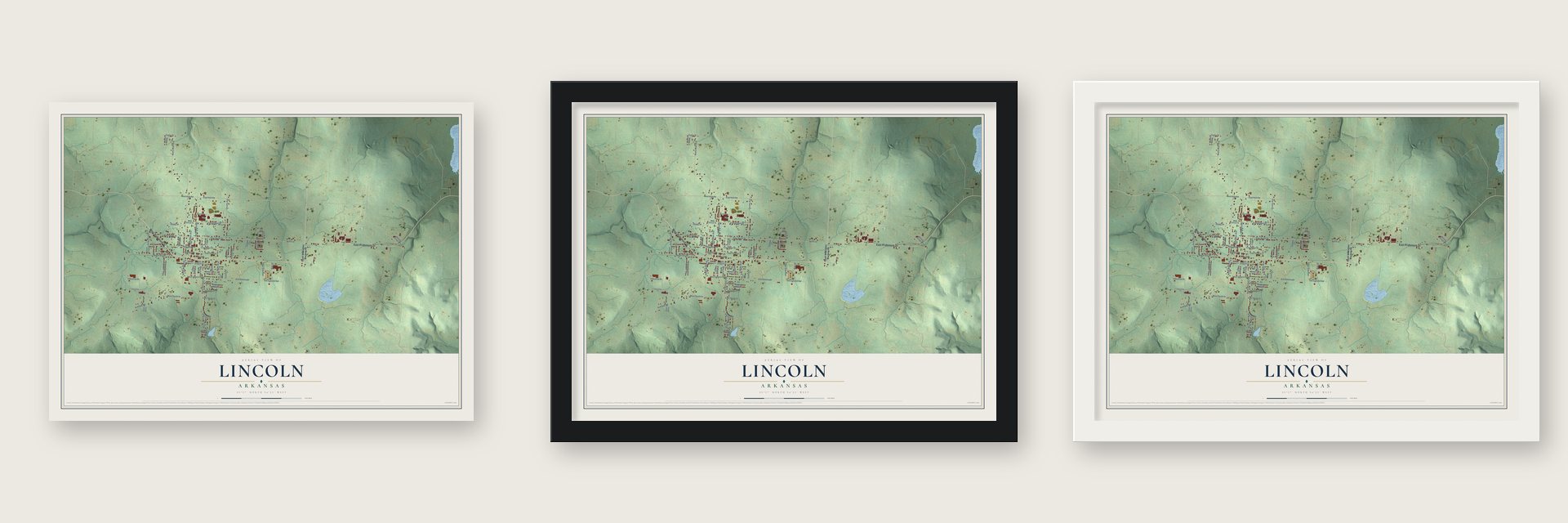 Lincoln, Arkansas map unframed, in a black wood frame and in a white wood frame