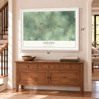 Lincoln, Arkansas map, 24 x 36 inch print in a white frame above a dresser by a staircase