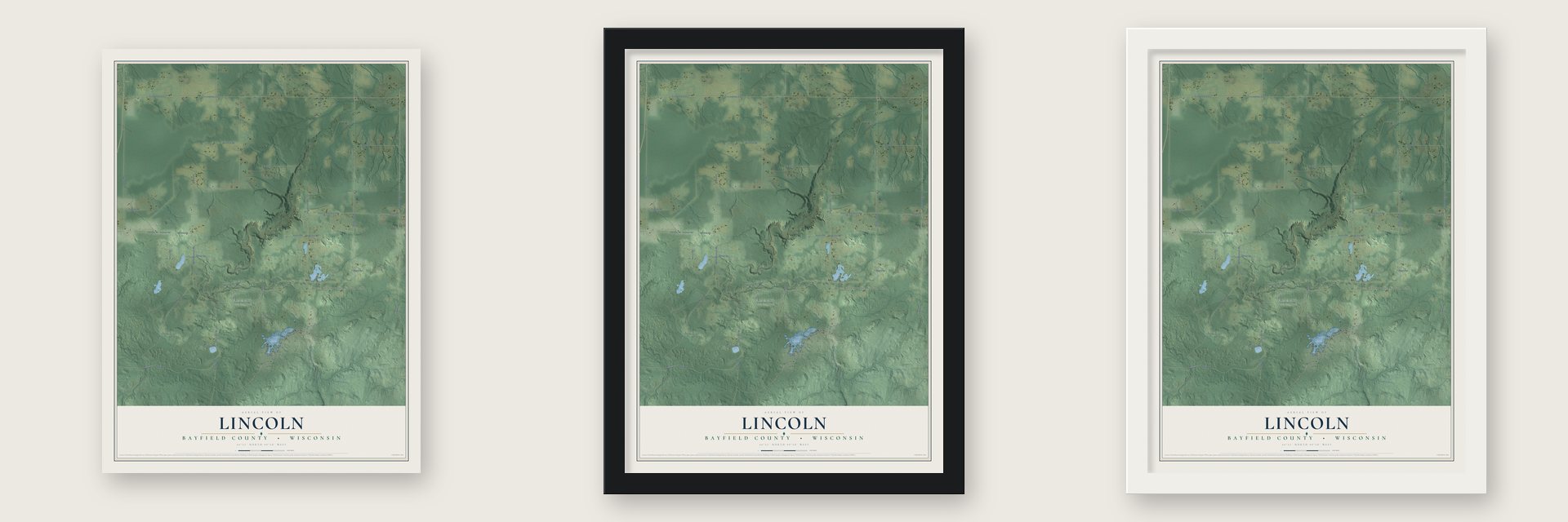 Lincoln, Bayfield County, Wisconsin map unframed, in a black wood frame and in a white wood frame