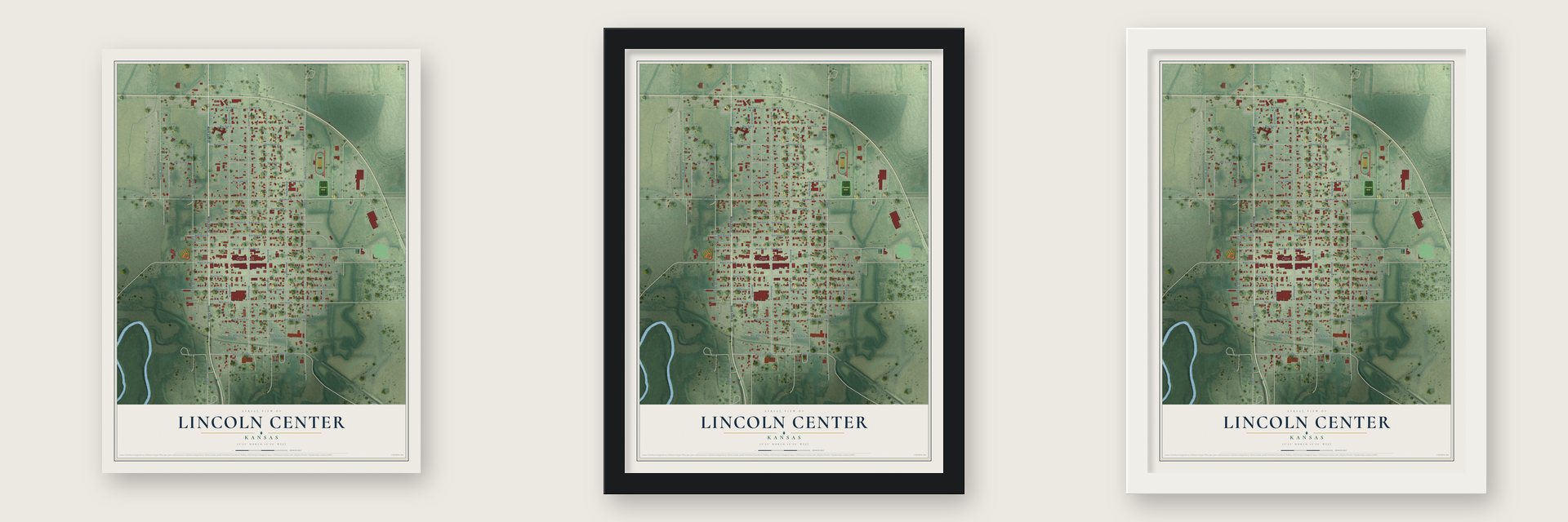 Lincoln Center, Kansas map unframed, in a black wood frame and in a white wood frame