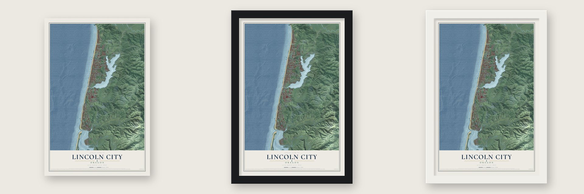 Lincoln City, Oregon map unframed, in a black wood frame and in a white wood frame