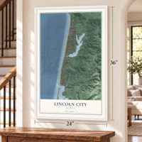 Lincoln City, Oregon map, 24 x 36 inch print in a white frame by a staircase