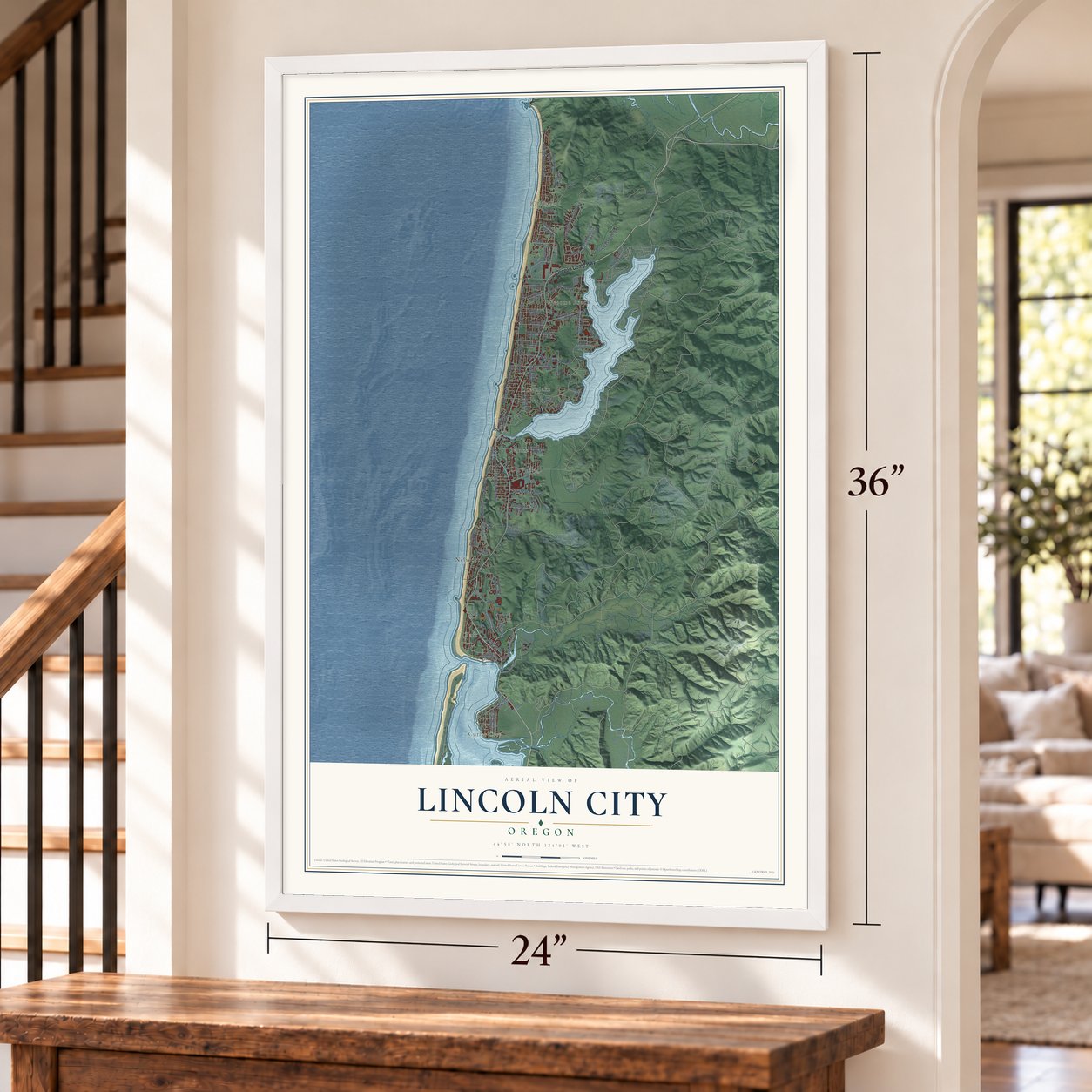 Lincoln City, Oregon map, 24 x 36 inch print in a white frame by a staircase