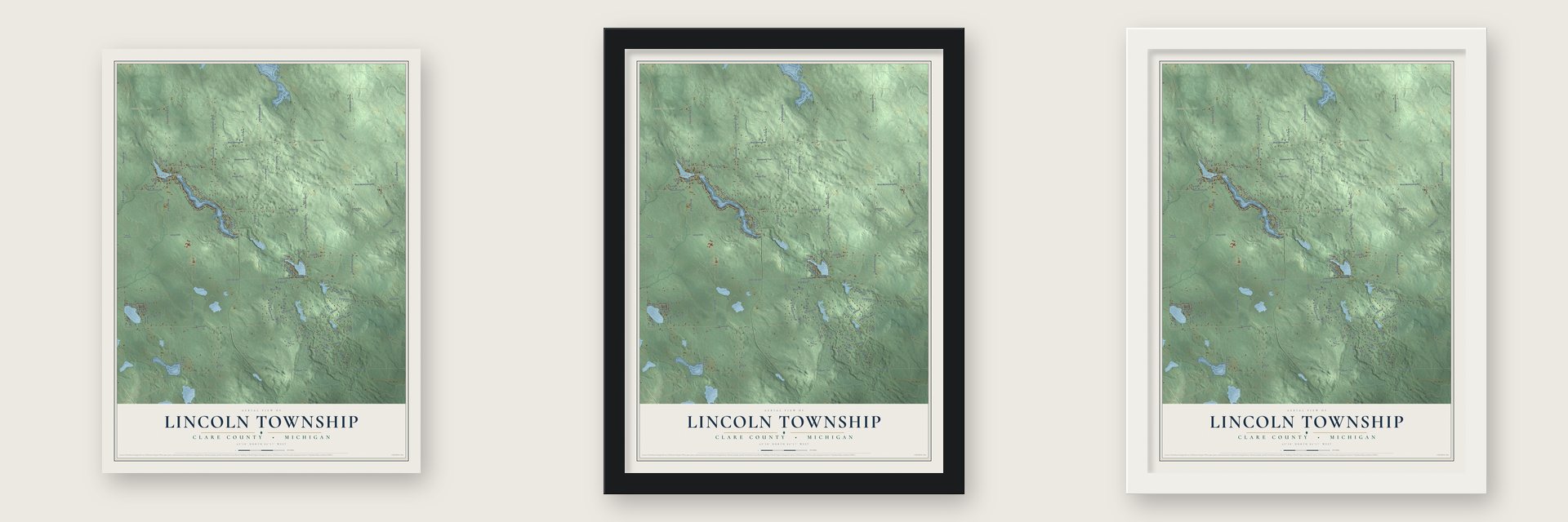 Lincoln Township, Clare County, Michigan map unframed, in a black wood frame and in a white wood frame