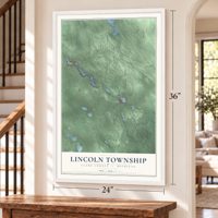 Lincoln Township, Clare County, Michigan map, 24 x 36 inch print in a white frame by a staircase