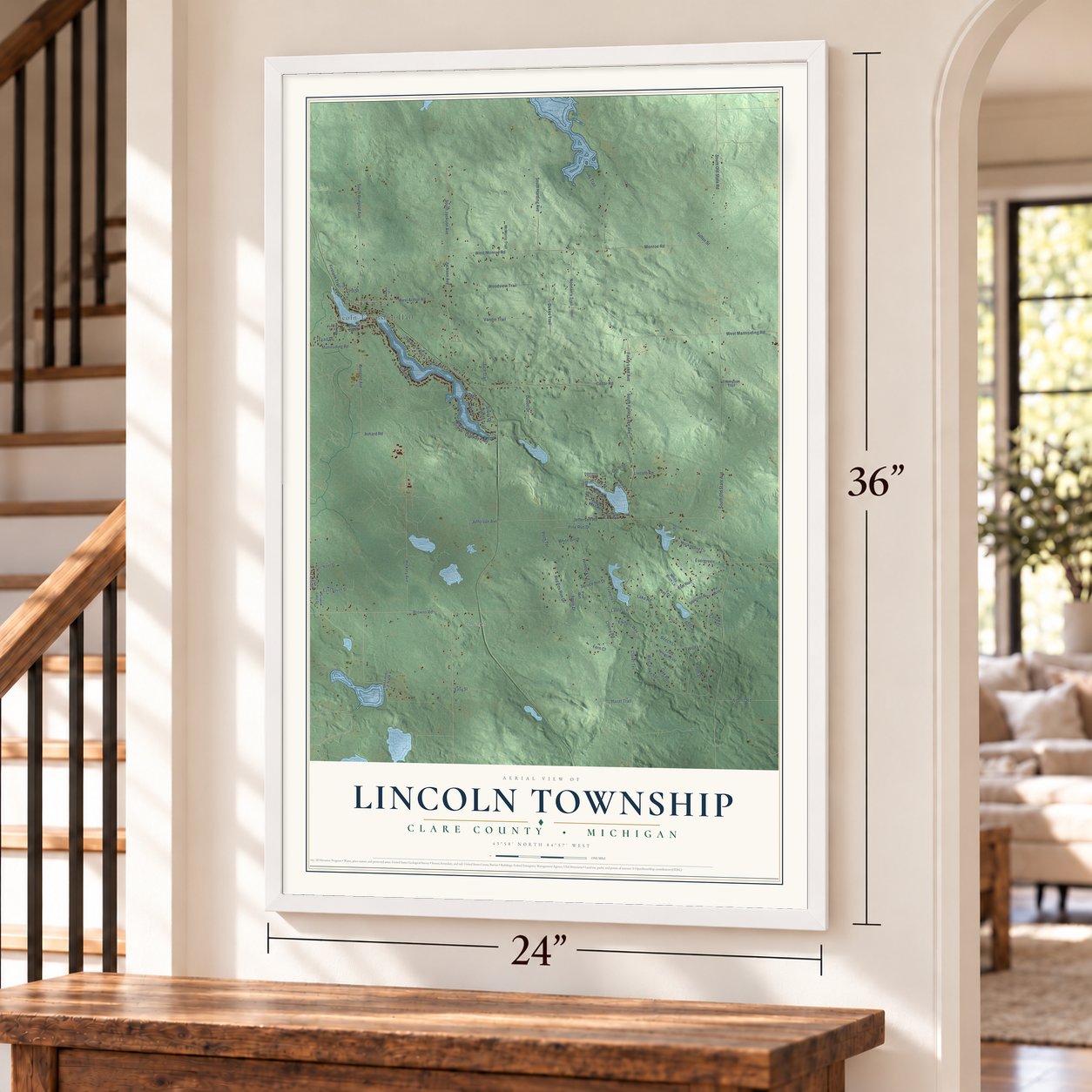 Lincoln Township, Clare County, Michigan map, 24 x 36 inch print in a white frame by a staircase