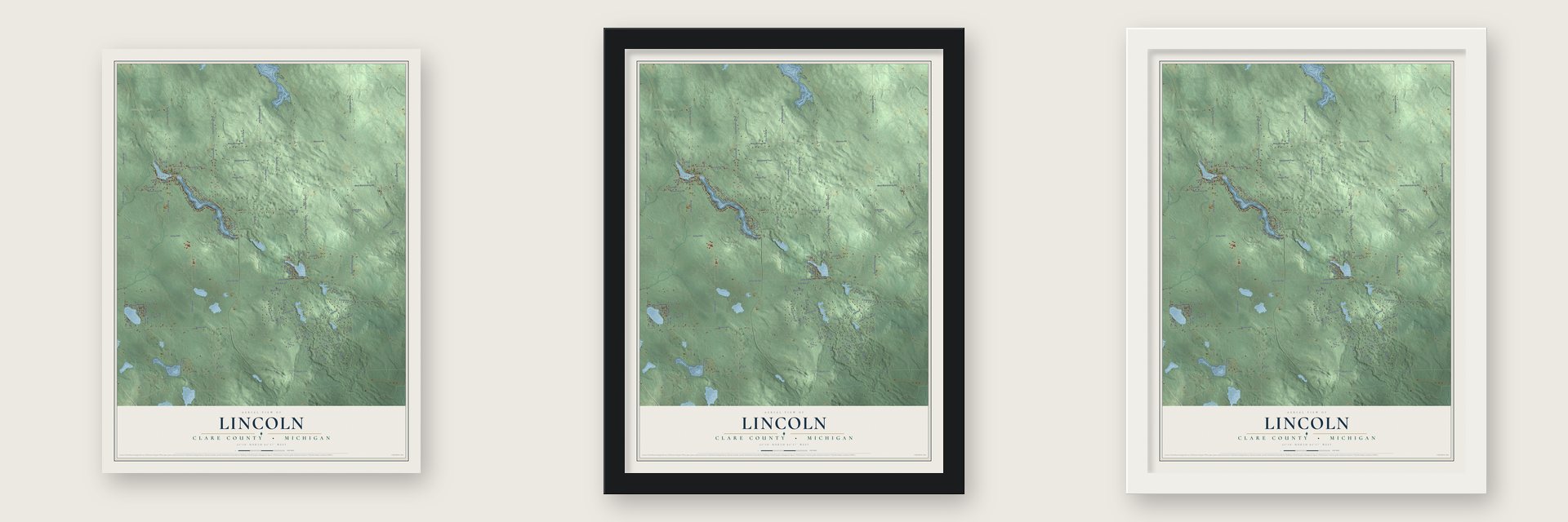 Lincoln, Clare County, Michigan map unframed, in a black wood frame and in a white wood frame