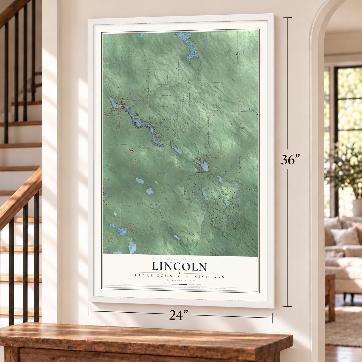 Lincoln, Clare County, Michigan map, 24 x 36 inch print in a white frame by a staircase