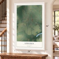 Lincoln, Delaware map, 24 x 36 inch print in a white frame by a staircase
