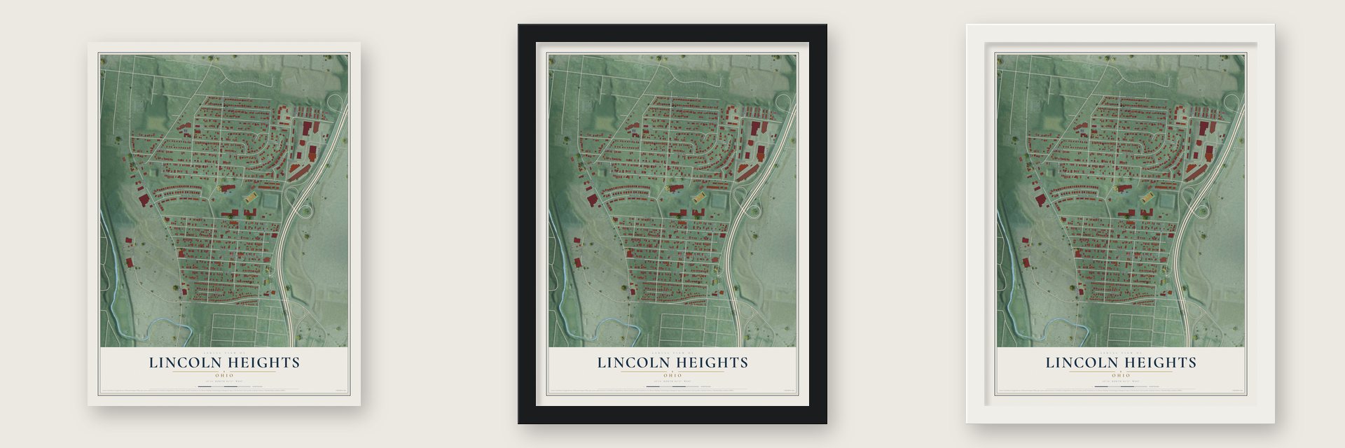 Lincoln Heights, Ohio map unframed, in a black wood frame and in a white wood frame