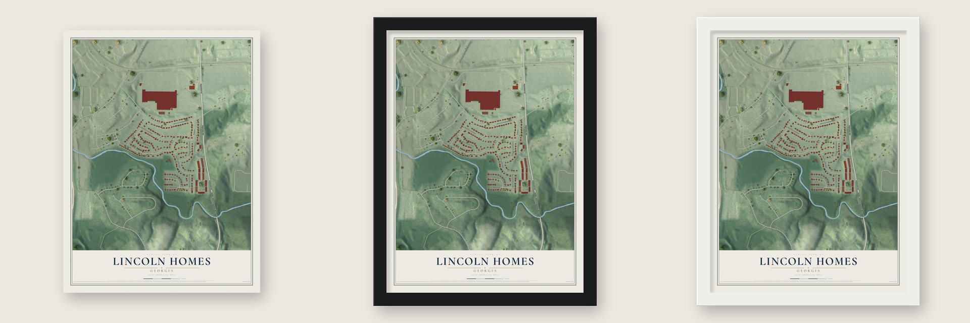 Lincoln Homes, Georgia map unframed, in a black wood frame and in a white wood frame