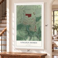 Lincoln Homes, Georgia map, 24 x 36 inch print in a white frame by a staircase