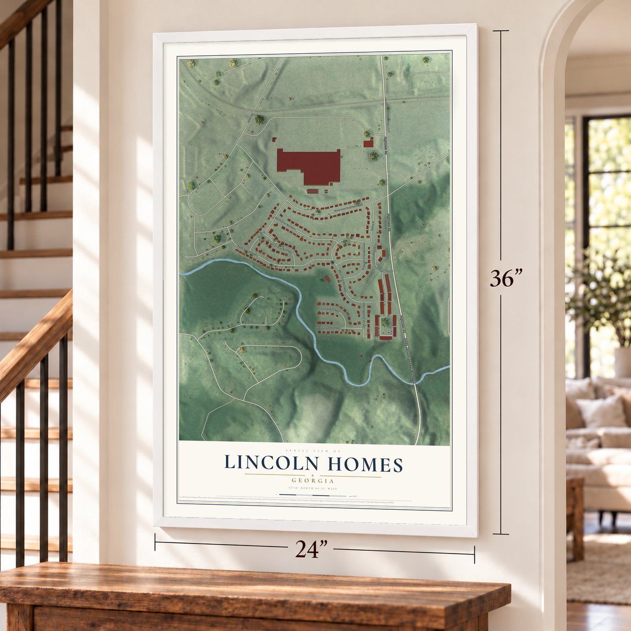 Lincoln Homes, Georgia map, 24 x 36 inch print in a white frame by a staircase