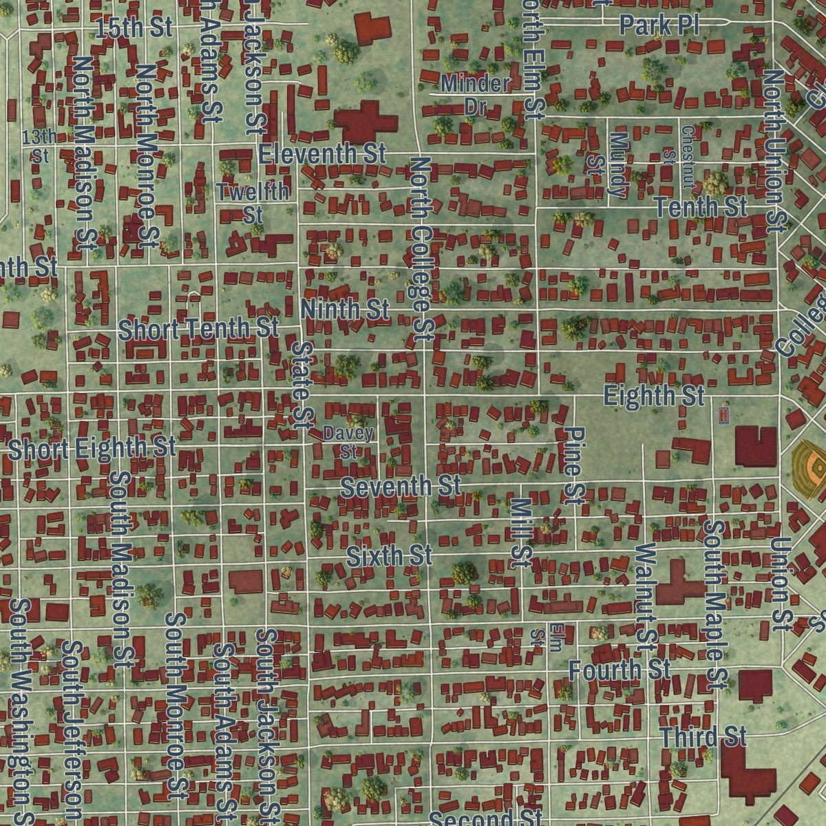 Second close-up of the map of Lincoln, Illinois print showing more streets and buildings