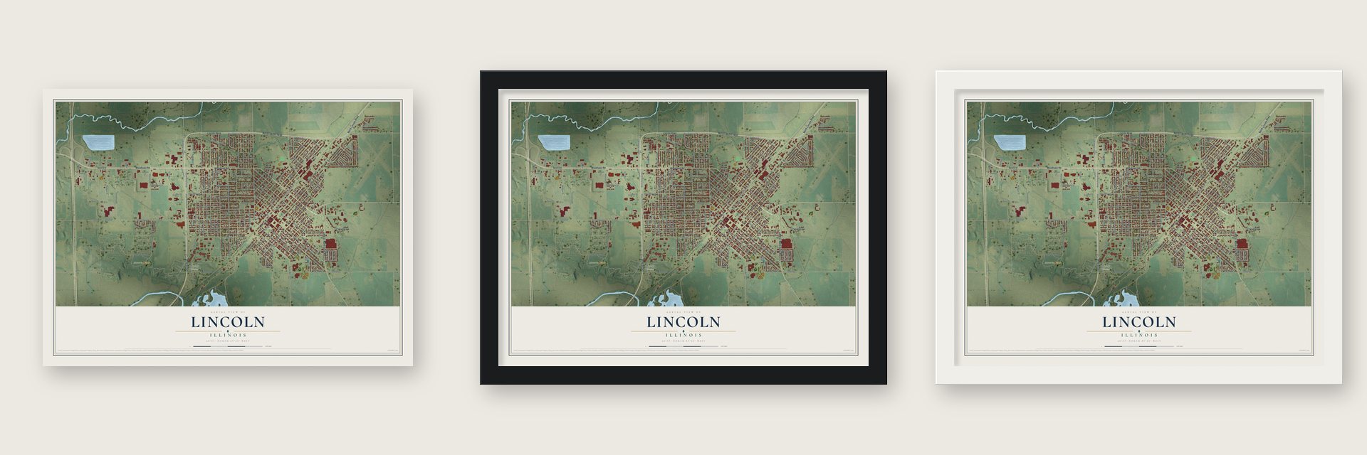 Lincoln, Illinois map unframed, in a black wood frame and in a white wood frame