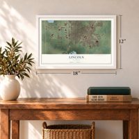 Lincoln, Illinois map, 12 x 18 inch print in a white frame in an entryway