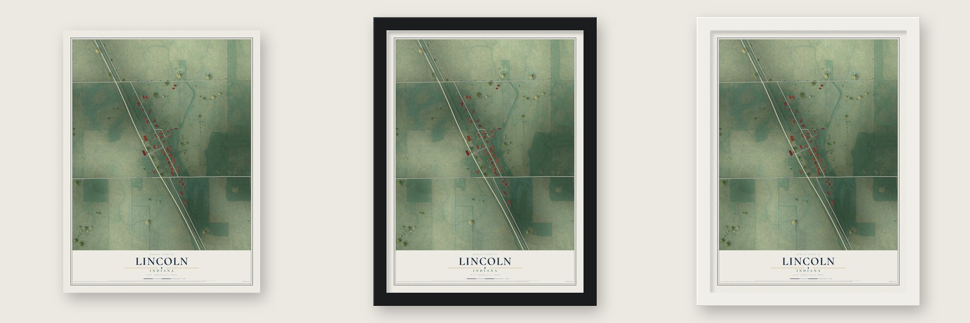 Lincoln, Indiana map unframed, in a black wood frame and in a white wood frame