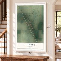 Lincoln, Indiana map, 24 x 36 inch print in a white frame by a staircase