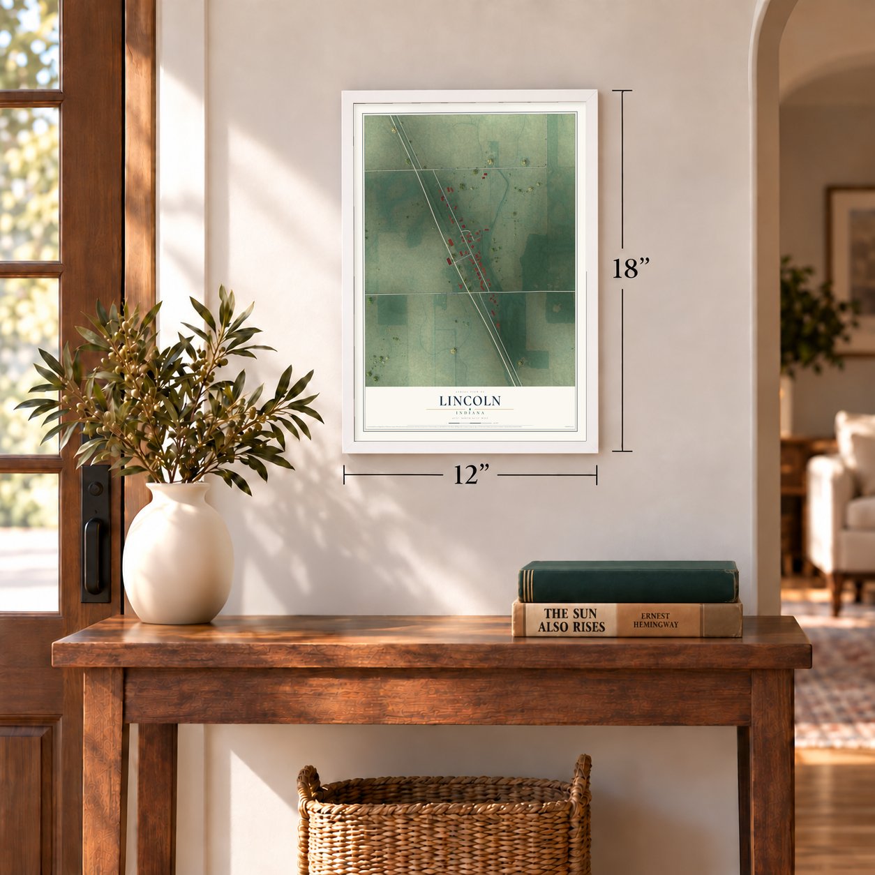 Lincoln, Indiana map, 12 x 18 inch print in a white frame in an entryway