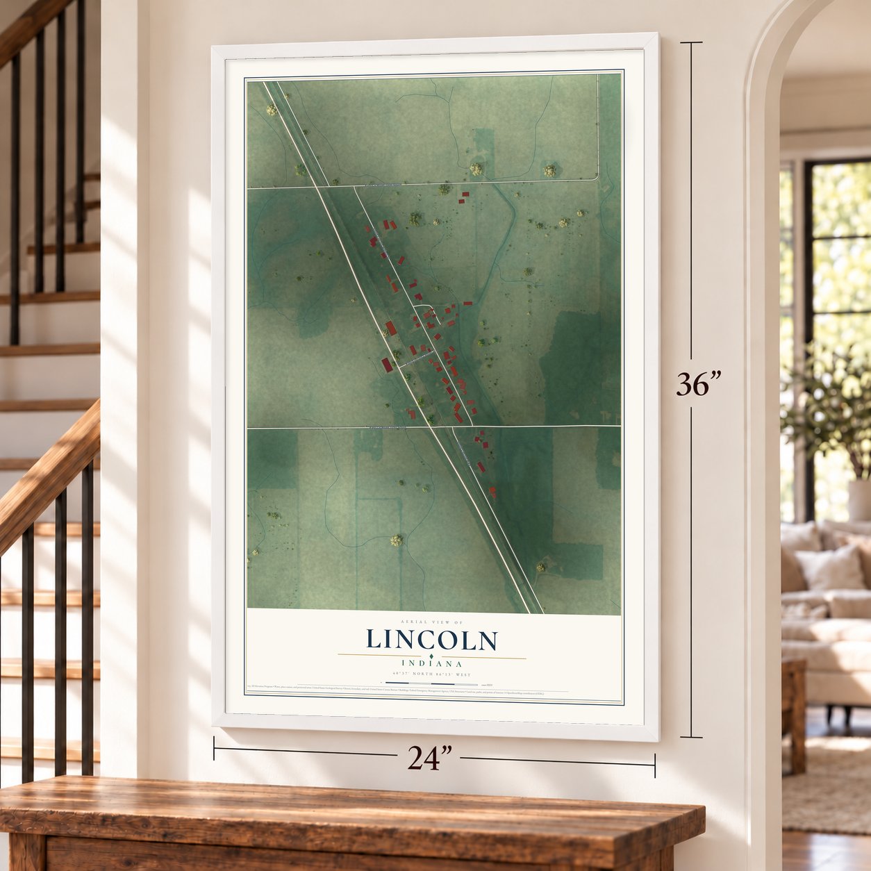 Lincoln, Indiana map, 24 x 36 inch print in a white frame by a staircase