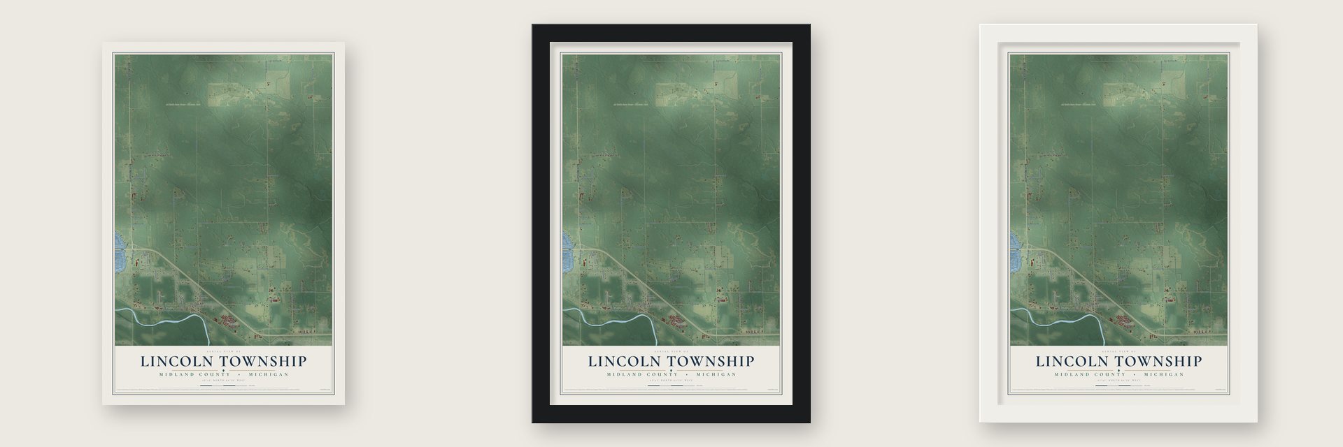 Lincoln Township, Midland County, Michigan map unframed, in a black wood frame and in a white wood frame