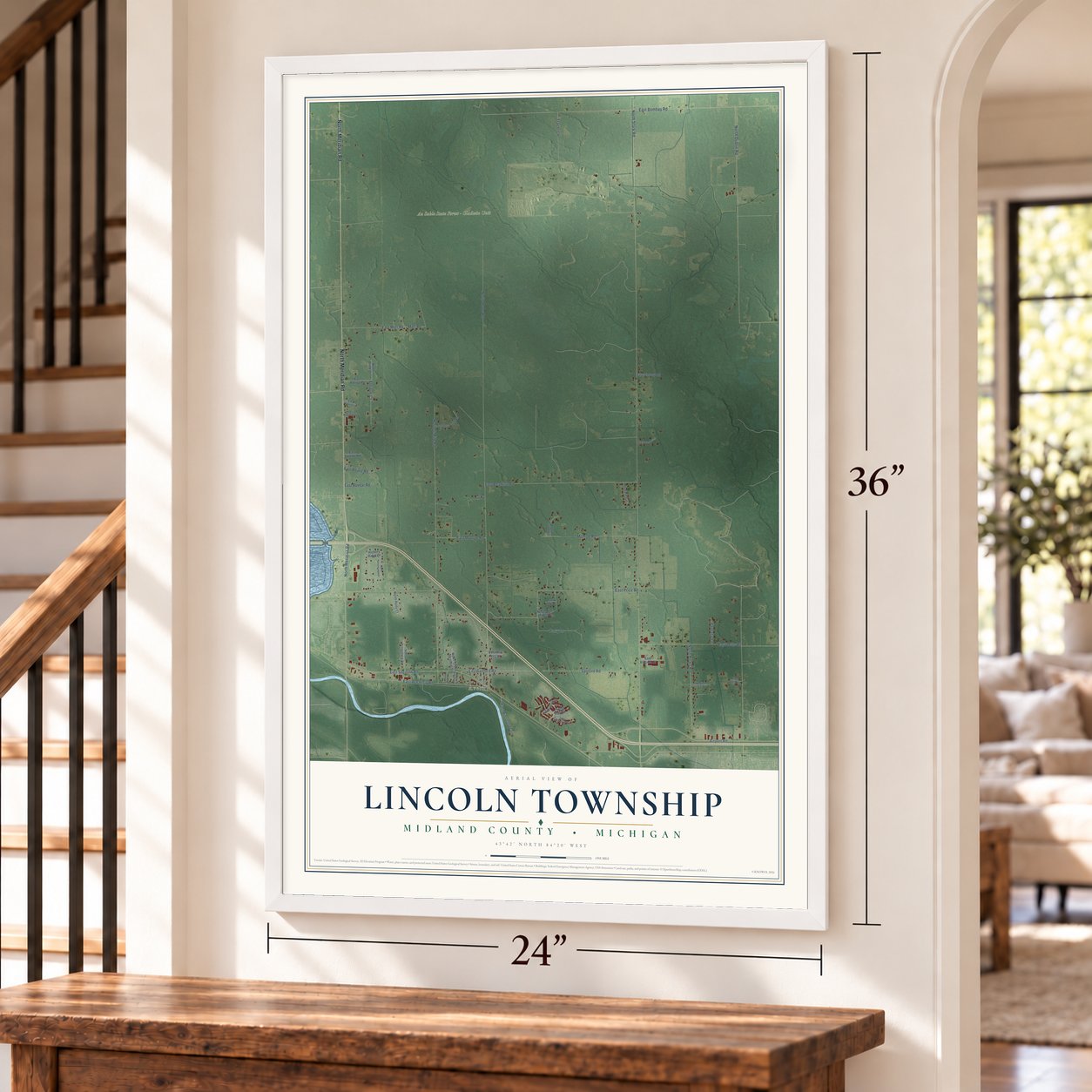 Lincoln Township, Midland County, Michigan map, 24 x 36 inch print in a white frame by a staircase