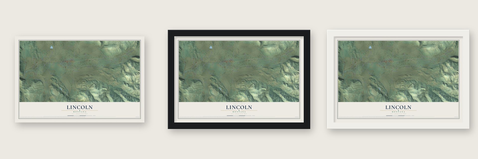 Lincoln, Montana map unframed, in a black wood frame and in a white wood frame