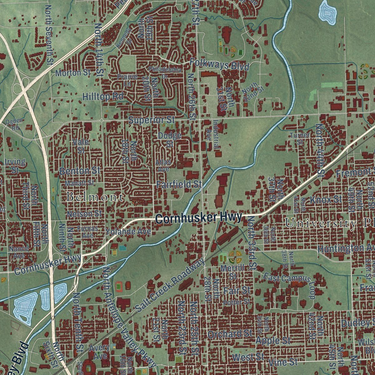 Second close-up of the map of Lincoln, Nebraska print showing more streets and buildings
