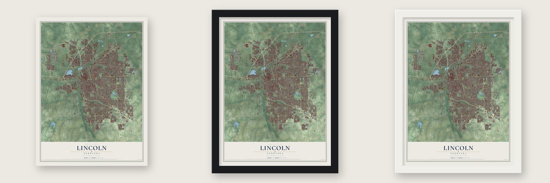 Lincoln, Nebraska map unframed, in a black wood frame and in a white wood frame