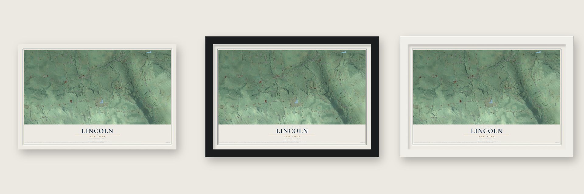 Lincoln, New York map unframed, in a black wood frame and in a white wood frame