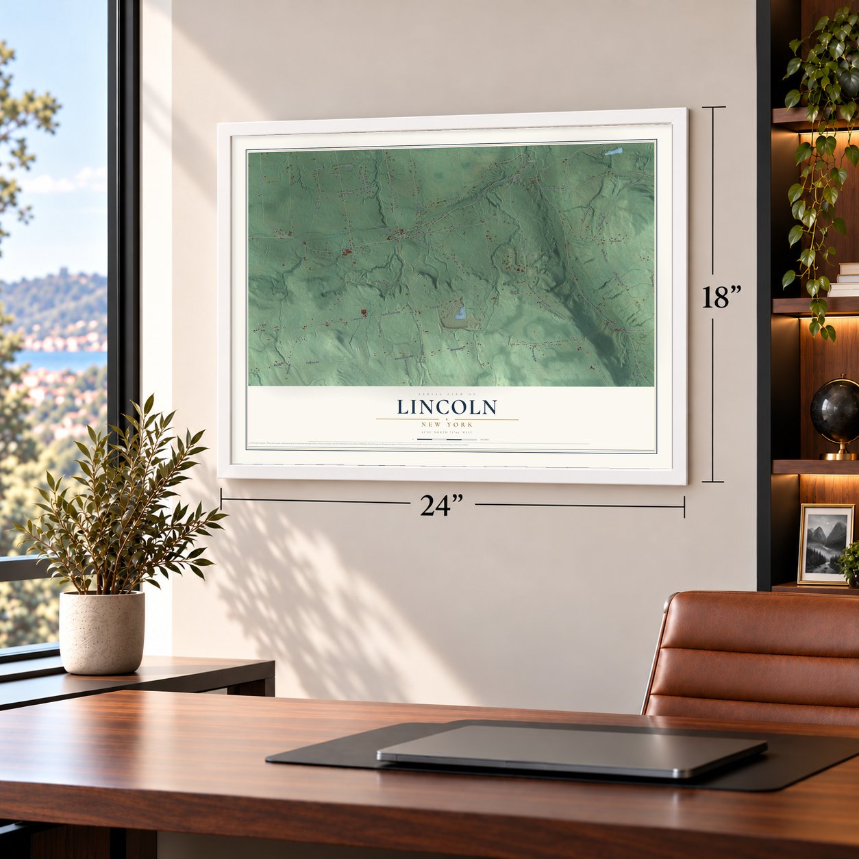 Lincoln, New York map, 18 x 24 inch print in a white frame in a home office