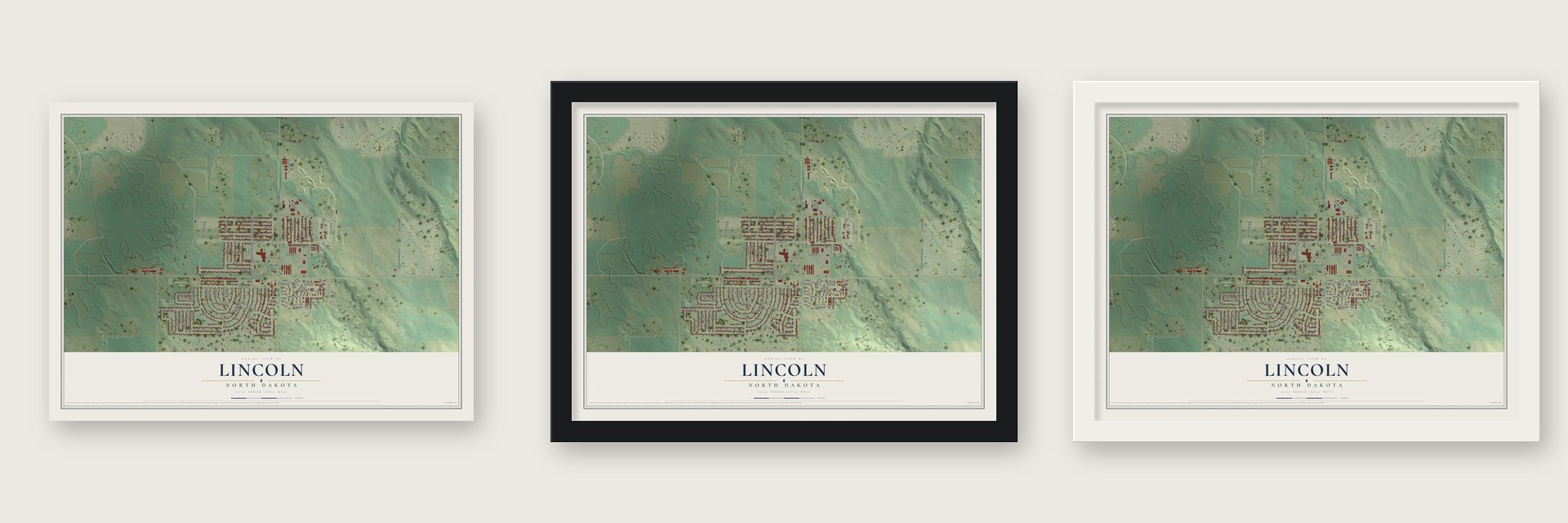 Lincoln, North Dakota map unframed, in a black wood frame and in a white wood frame