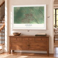Lincoln, North Dakota map, 24 x 36 inch print in a white frame above a dresser by a staircase