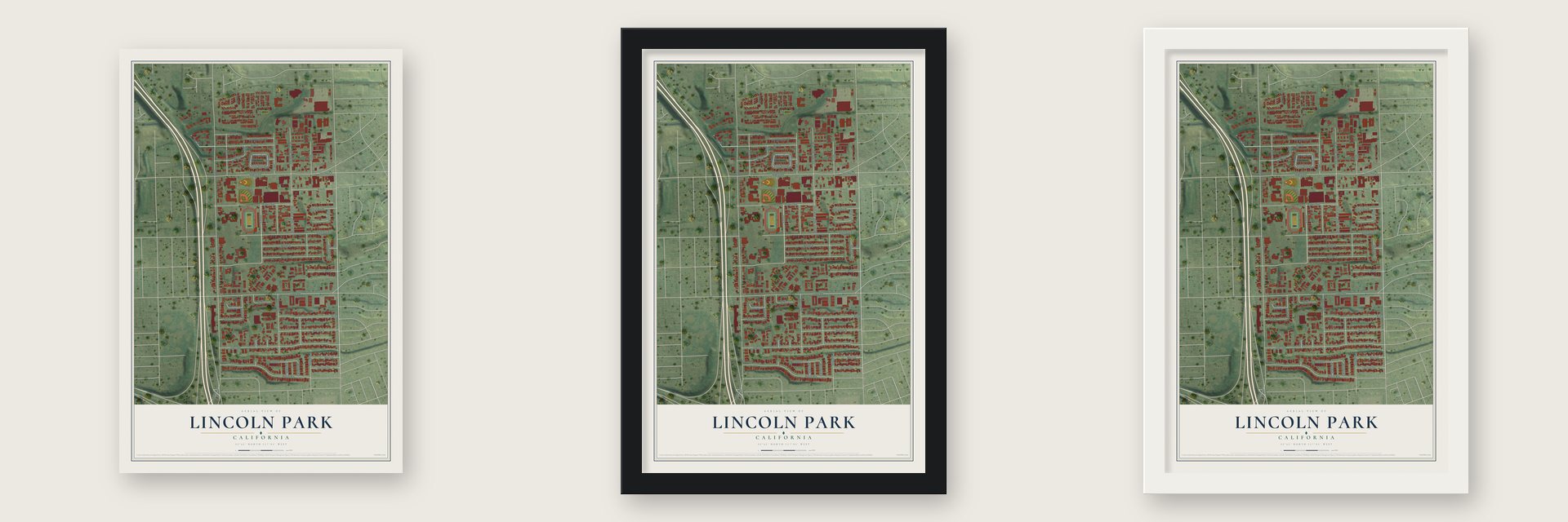 Lincoln Park, California map unframed, in a black wood frame and in a white wood frame