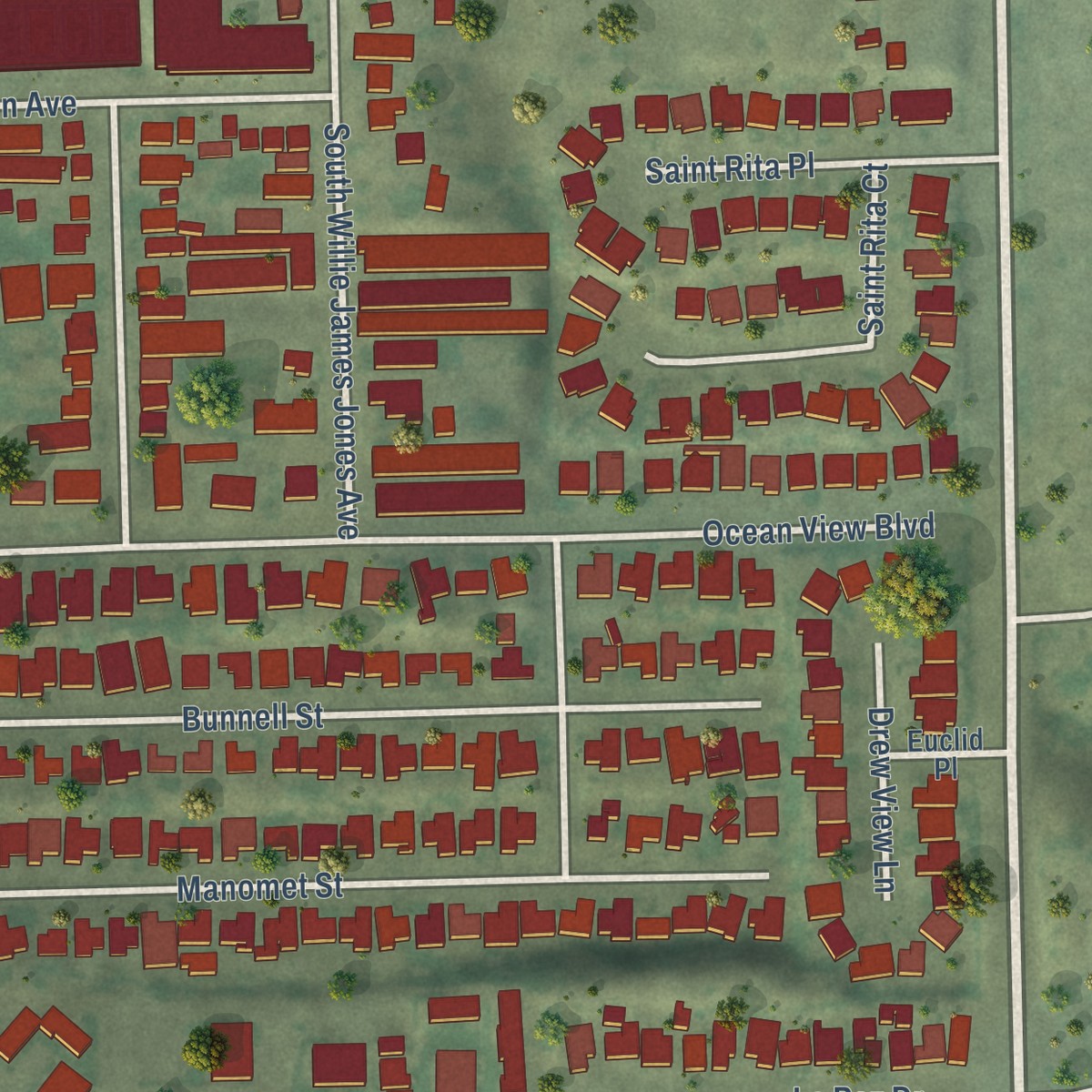 Second close-up of the map of Lincoln Park, California print showing more streets and buildings