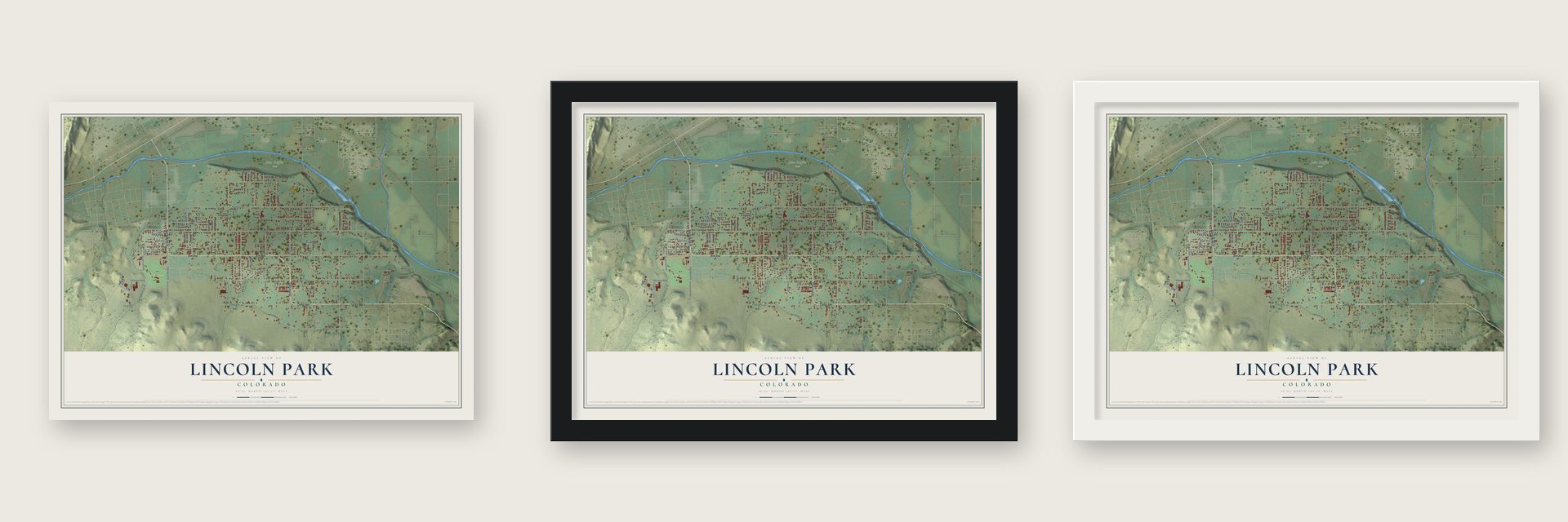 Lincoln Park, Colorado map unframed, in a black wood frame and in a white wood frame