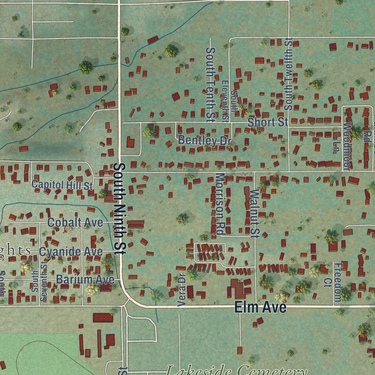 Second close-up of the map of Lincoln Park, Colorado print showing more streets and buildings