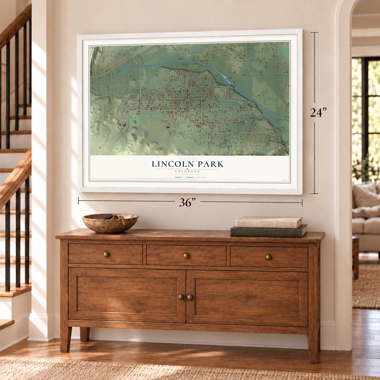 Lincoln Park, Colorado map, 24 x 36 inch print in a white frame above a dresser by a staircase