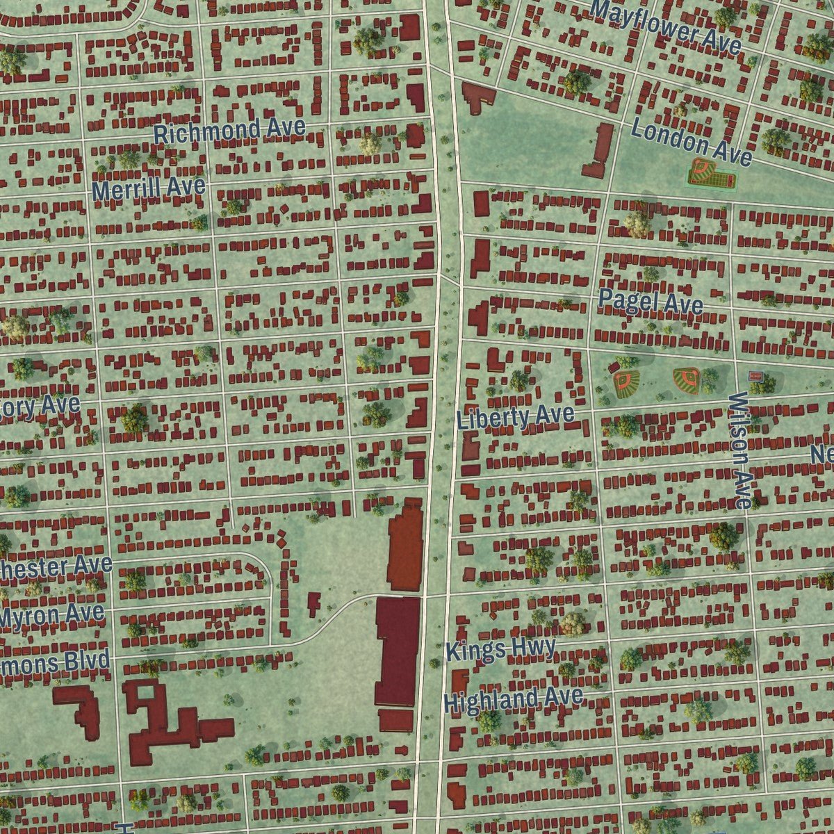 Second close-up of the map of Lincoln Park, Michigan print showing more streets and buildings