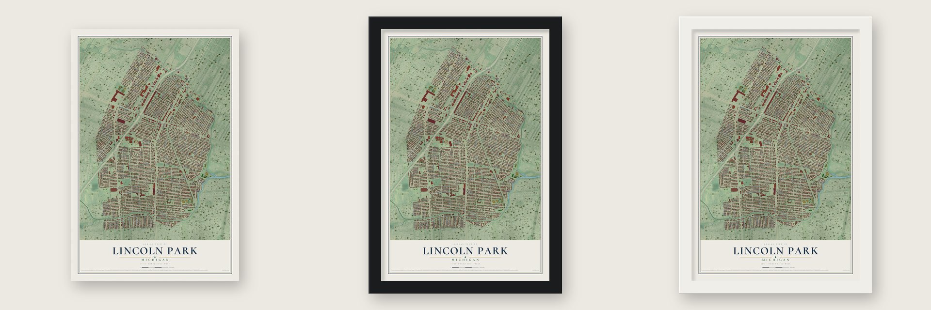 Lincoln Park, Michigan map unframed, in a black wood frame and in a white wood frame