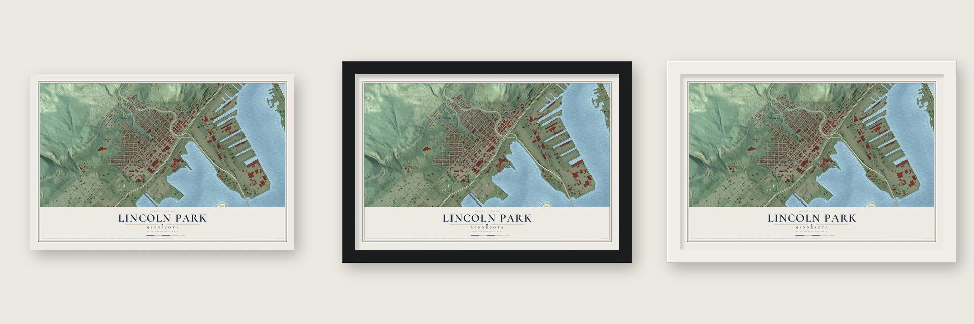 Lincoln Park, Minnesota map unframed, in a black wood frame and in a white wood frame