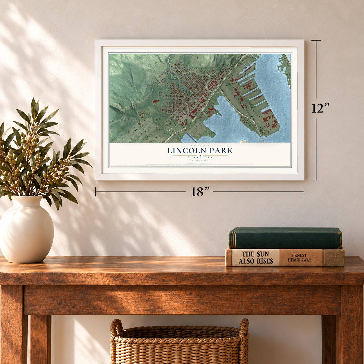 Lincoln Park, Minnesota map, 12 x 18 inch print in a white frame in an entryway